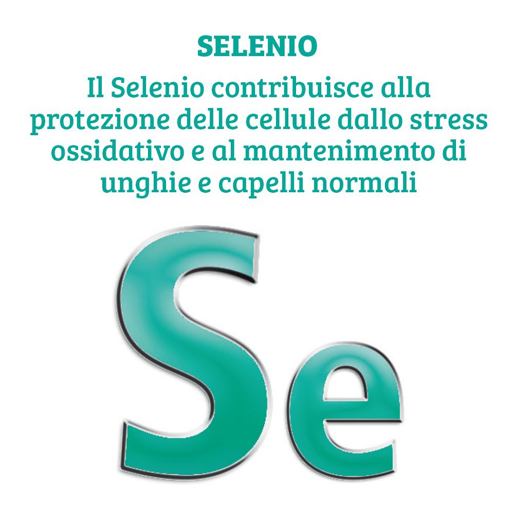 Symbol 'Se' für Selen, mit Text zu Zellschutz und Haaren/Nägeln.