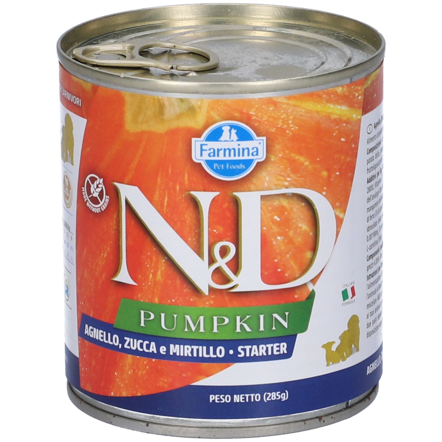 Konservendose mit Etikett. Aufschrift: N&D Pumpkin, Agnelo, Zucca e Mirtillo, Starter. Farmina Logo.