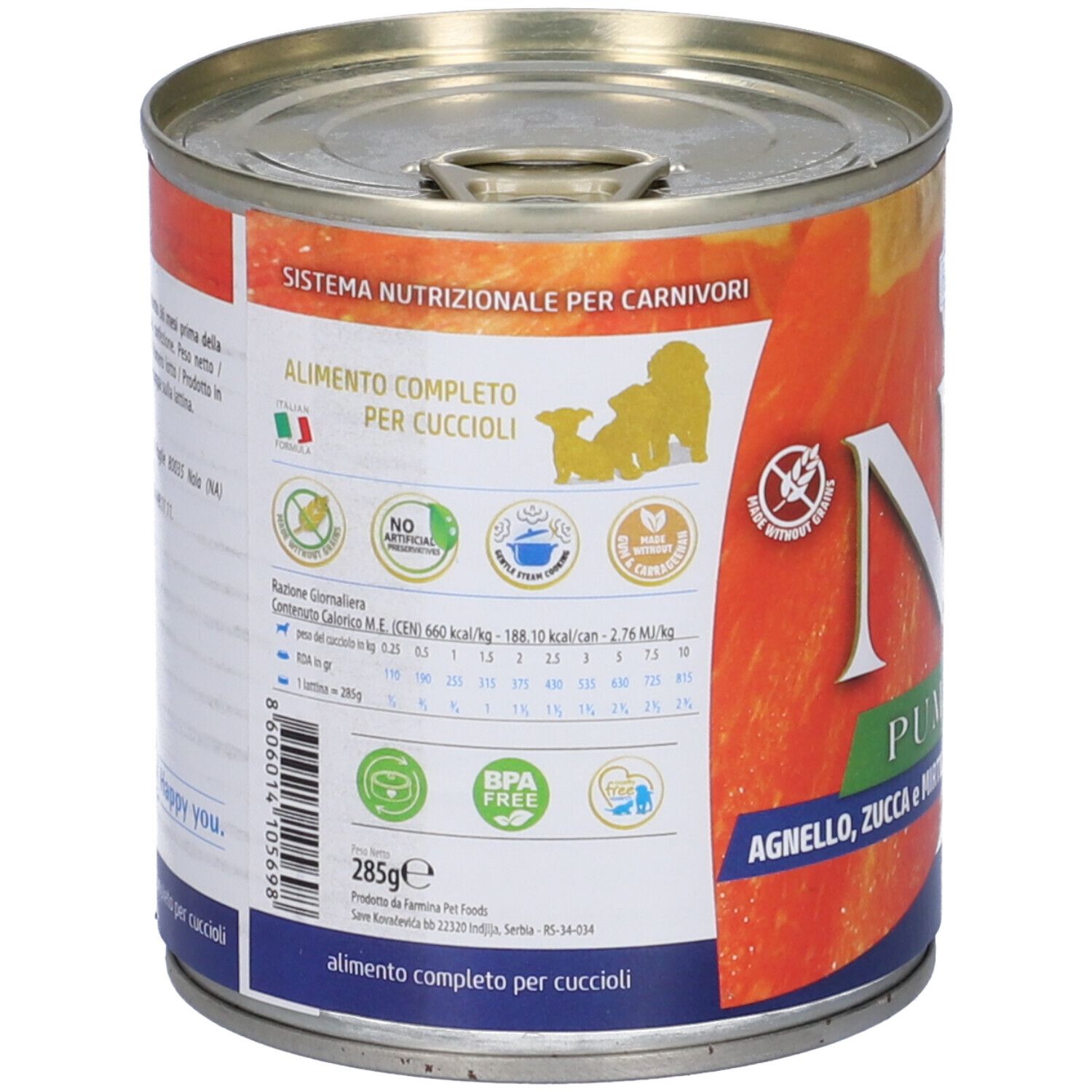 Rückseite der Konservendose. Text: Sistema Nutrizionale Per Carnivori, Alimento Completo Per Cuccioli. Logos und Nährwertangaben.