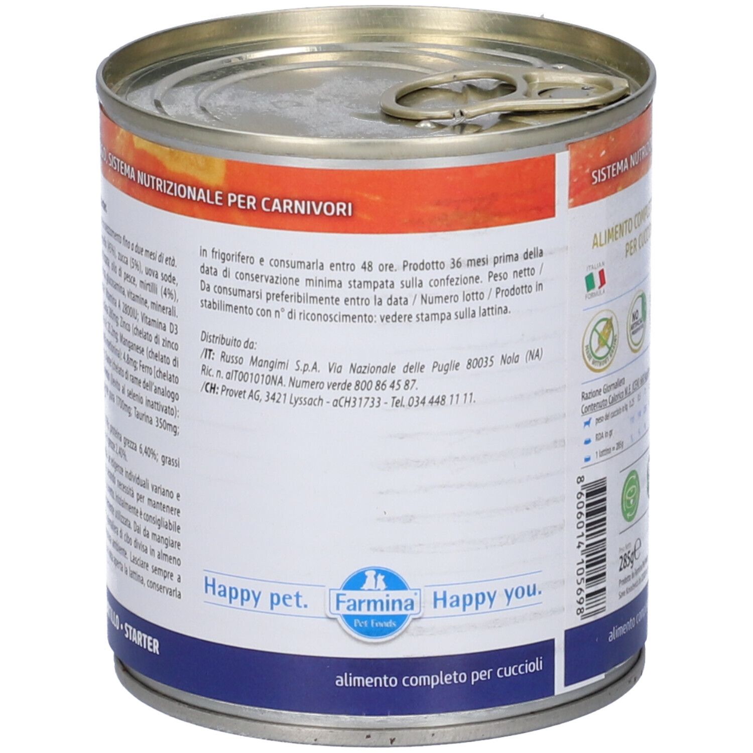 Rückseite der Konservendose. Text: Sistema Nutrizionale Per Carnivori, Informationen zur Lagerung und Herstellerangaben.