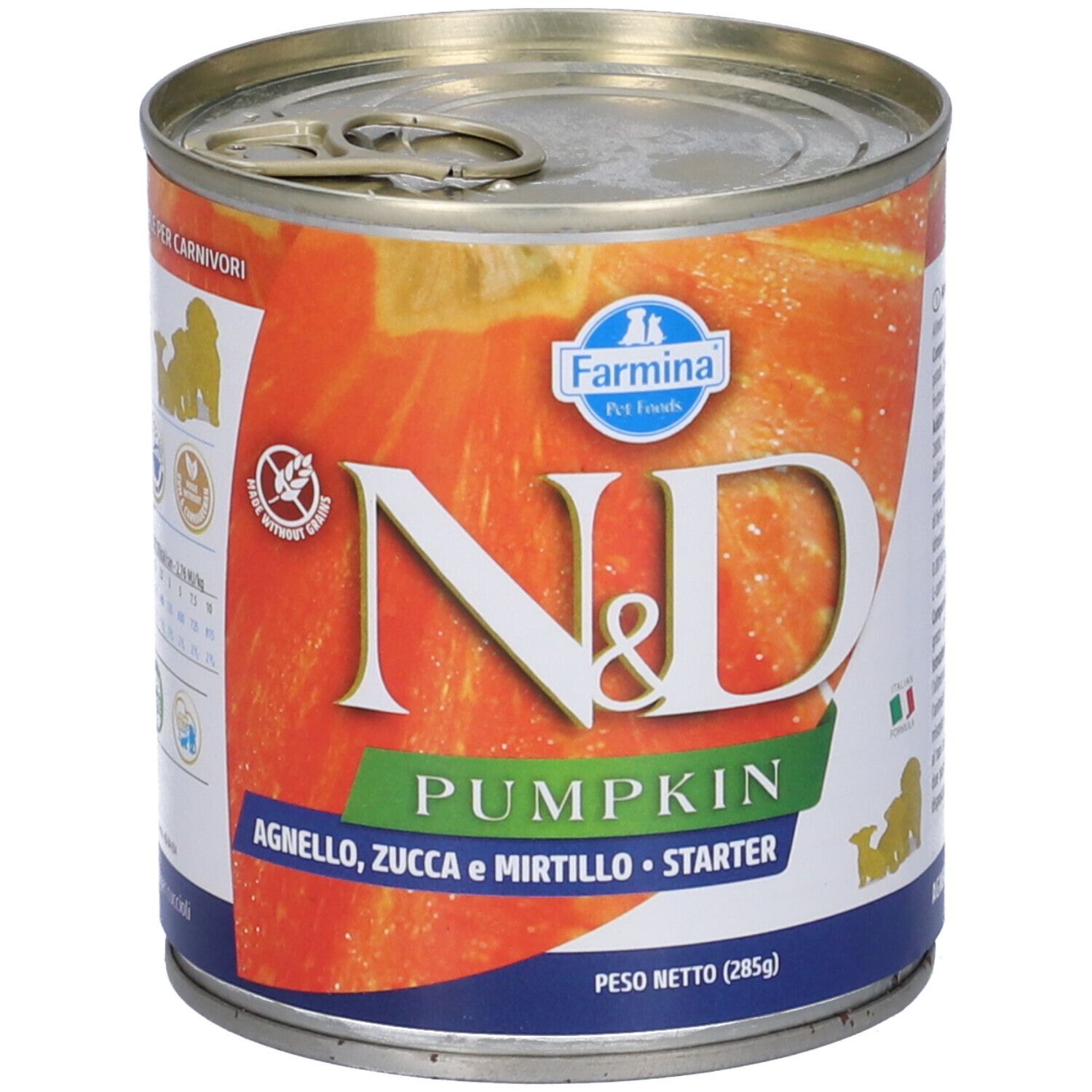 Konservendose mit Etikett. Aufschrift: N&D Pumpkin, Agnelo, Zucca e Mirtillo, Starter. Farmina Logo.