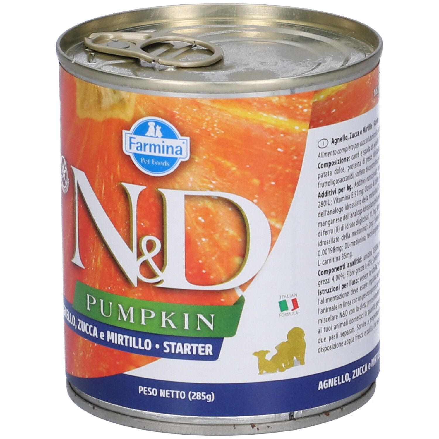 Konservendose mit Etikett. Aufschrift: N&D Pumpkin, Agnelo, Zucca e Mirtillo, Starter. Farmina Logo.