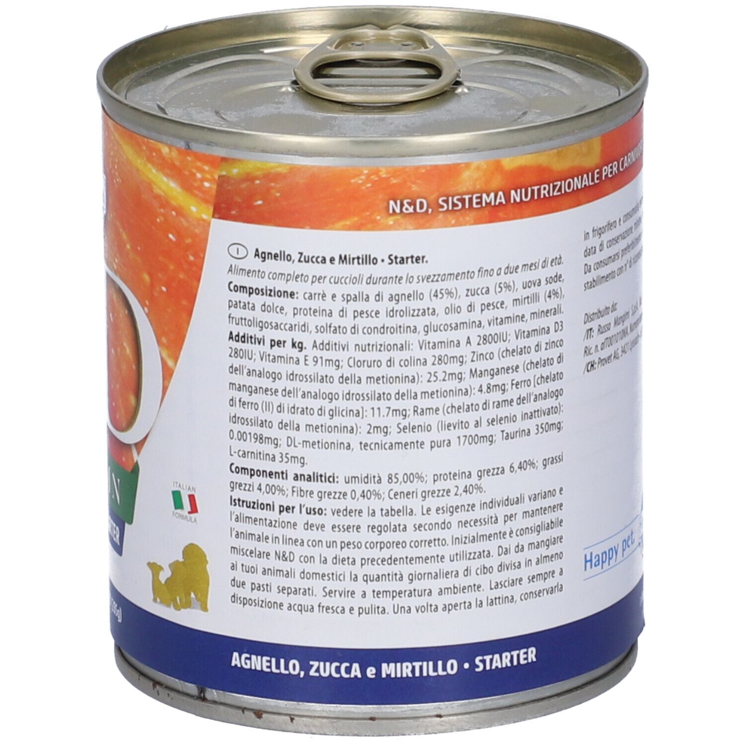 Rückseite der Konservendose. Text: Agnelo, Zucca e Mirtillo - Starter. Zusammensetzung, Analyse, Fütterungsempfehlung.