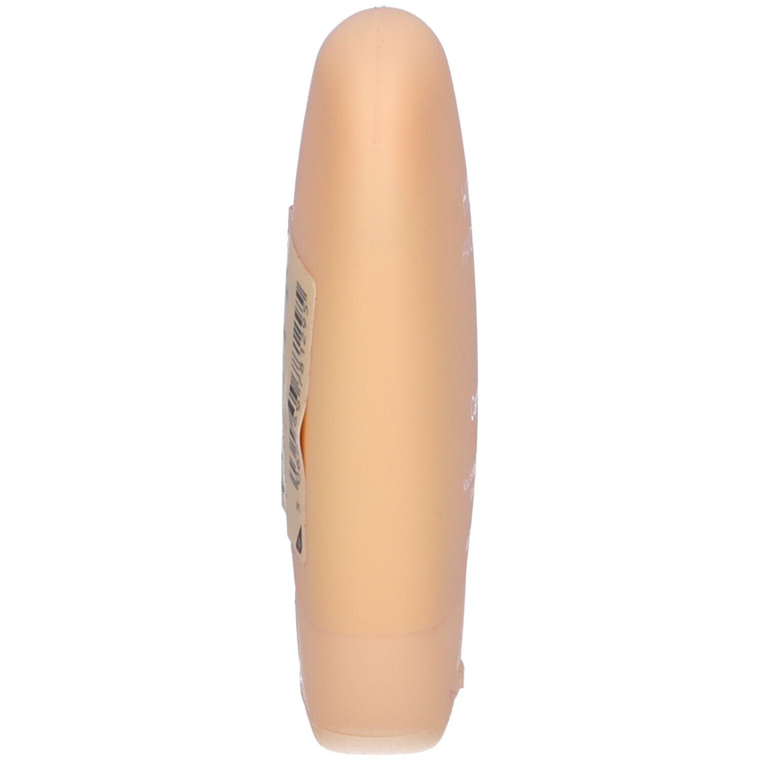 Beige Handcreme-Tube, Seitenansicht. Etikett mit Text. Ovale Form.