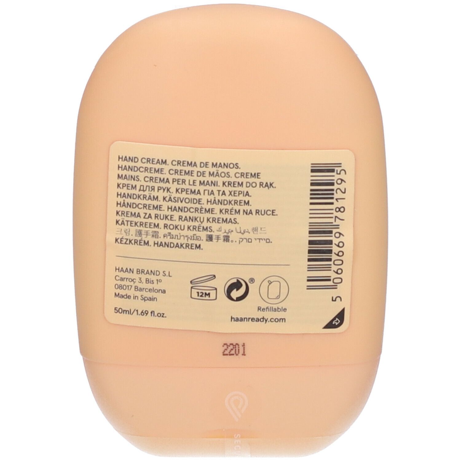 Rückseite der Handcreme-Tube. Etikett mit Text in mehreren Sprachen. Marke HAAN.