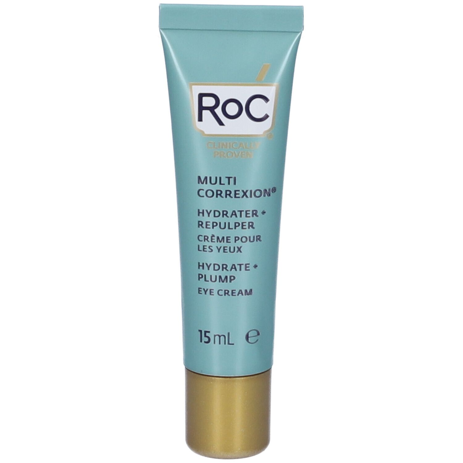 Türkisfarbene Tube mit goldenem Verschluss. Aufschrift: RoC, Multi Correxion, Hydrater + Repulper, Crème pour les yeux, Eye Cream. 15 ml.