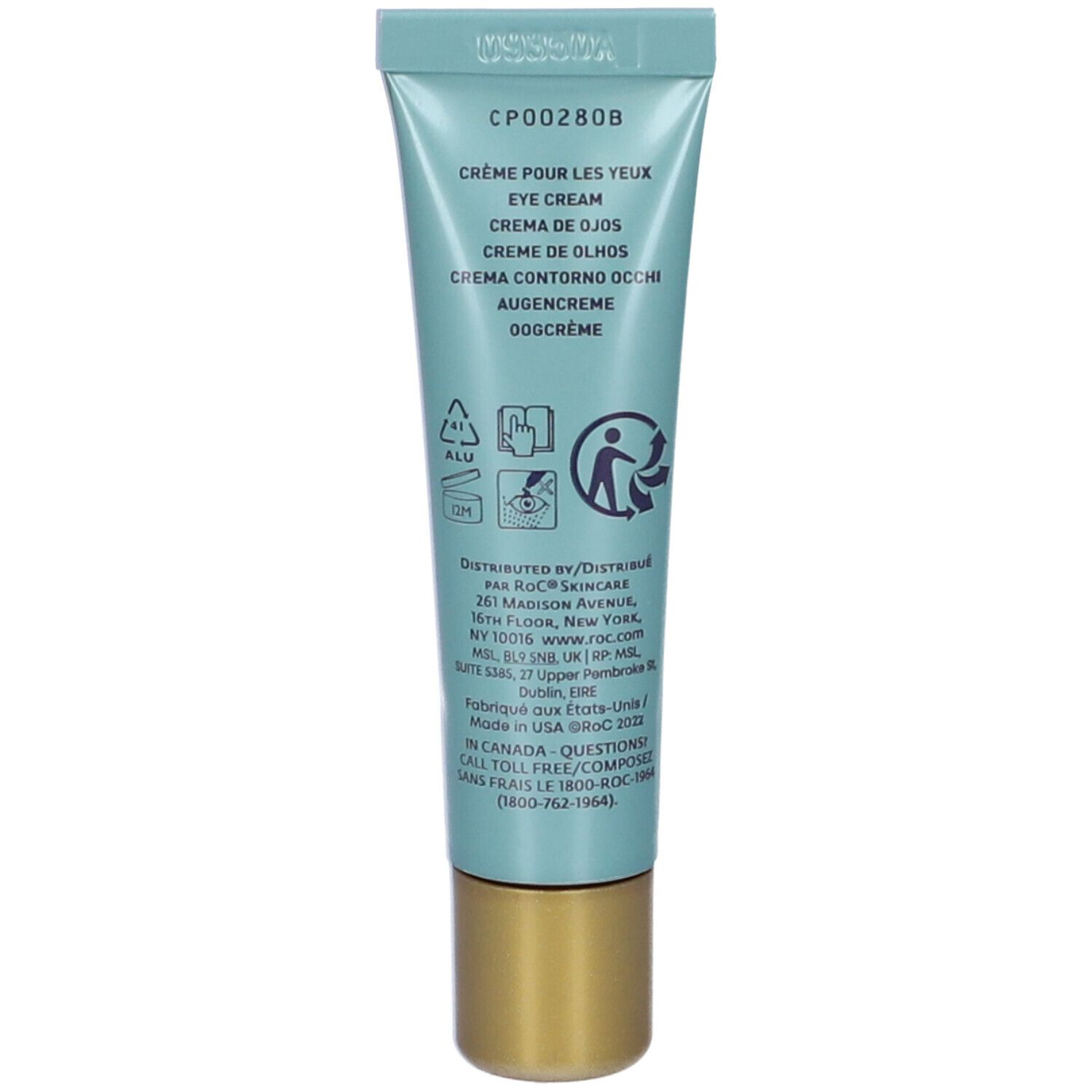 Rückseite der Tube. Aufschrift: Crème pour les yeux, Eye Cream, Crema de ojos, Contorno occhi, Oogcrème. Informationen und Symbole.