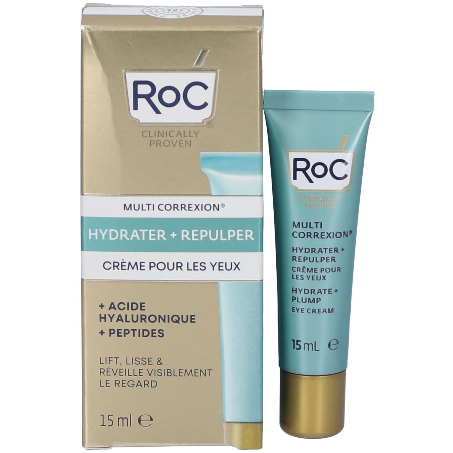 Produktverpackung mit Tube. Goldfarbener Karton mit türkisfarbenem Streifen. Aufschrift: RoC, Multi Correxion, Hydrater + Repulper, Crème pour les yeux. 15 ml.