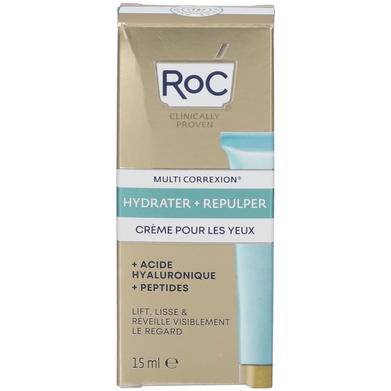 Produktverpackung. Goldfarbener Karton mit türkisfarbenem Streifen. Aufschrift: RoC, Multi Correxion, Hydrater + Repulper, Crème pour les yeux. 15 ml.