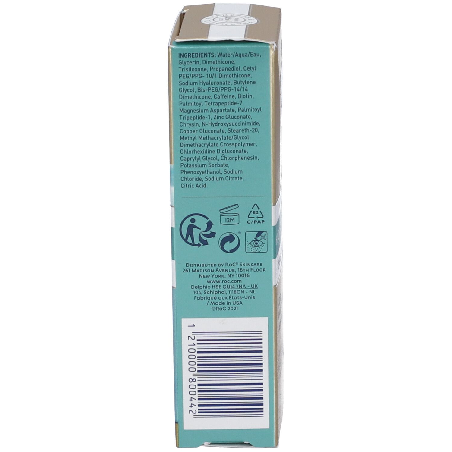 Rückseite der Produktverpackung. Inhaltsstoffe und Informationen. Türkisfarbener Hintergrund mit weißen Buchstaben und Symbolen.