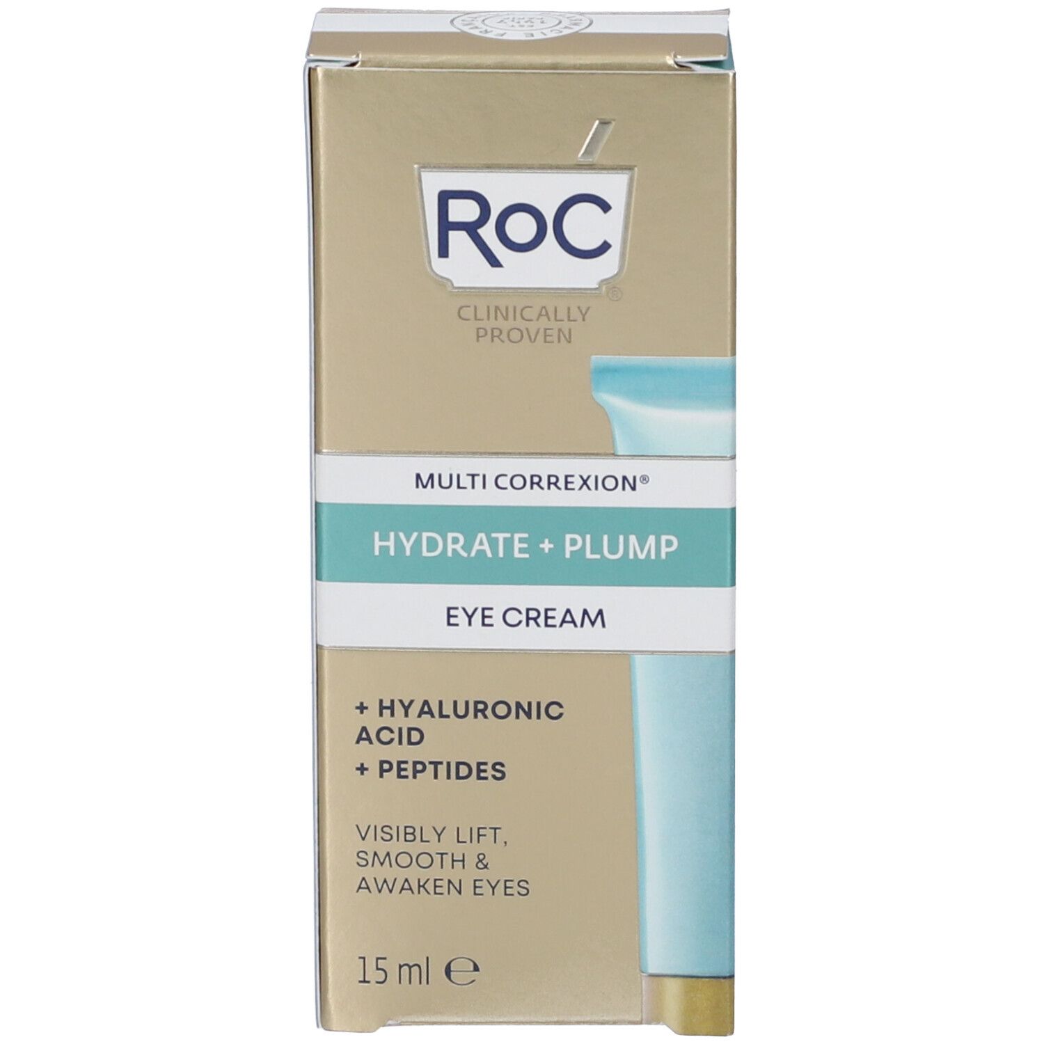 Produktverpackung. Goldfarbener Karton mit türkisfarbenem Streifen. Aufschrift: RoC, Multi Correxion, Hydrate + Plump, Eye Cream. 15 ml.