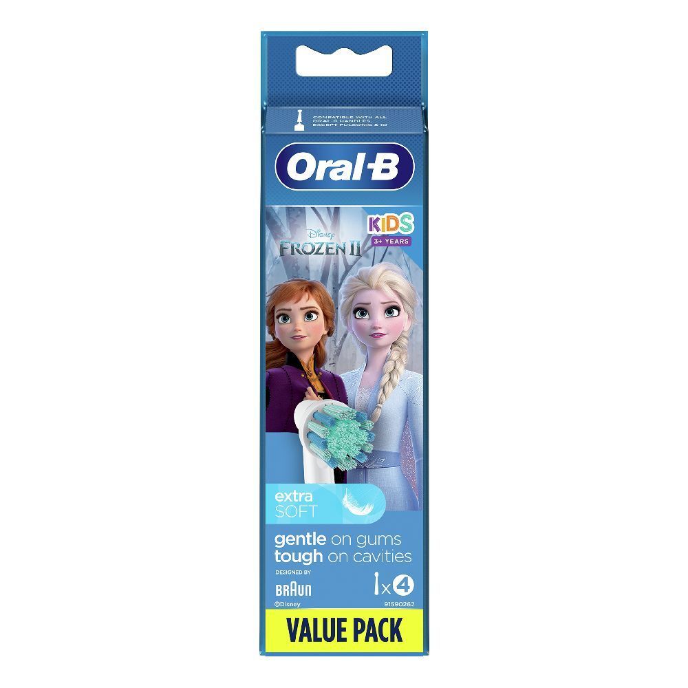 Zahnbürstenaufsätze für Kinder. Verpackung mit Anna und Elsa. "Oral-B Kids" und "Disney Frozen" Logos.