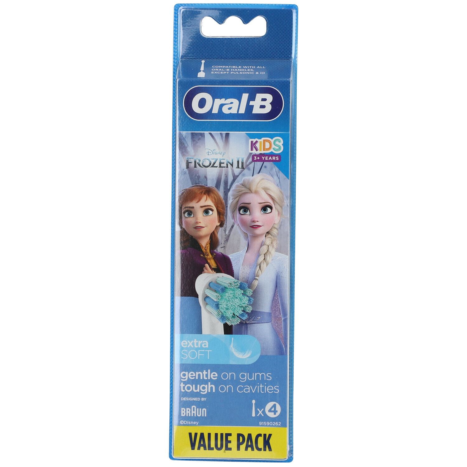 Zahnbürstenaufsätze für Kinder. Verpackung mit Anna und Elsa. "Oral-B Kids" und "Disney Frozen" Logos.