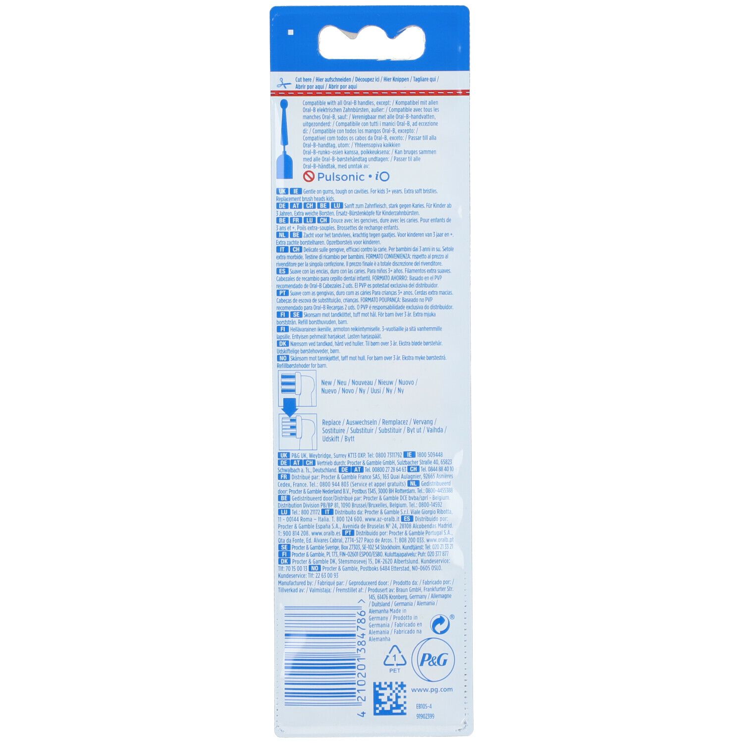 Rückseite der Zahnbürstenaufsatz-Verpackung. Text in mehreren Sprachen. Logos von Oral-B und P&G.