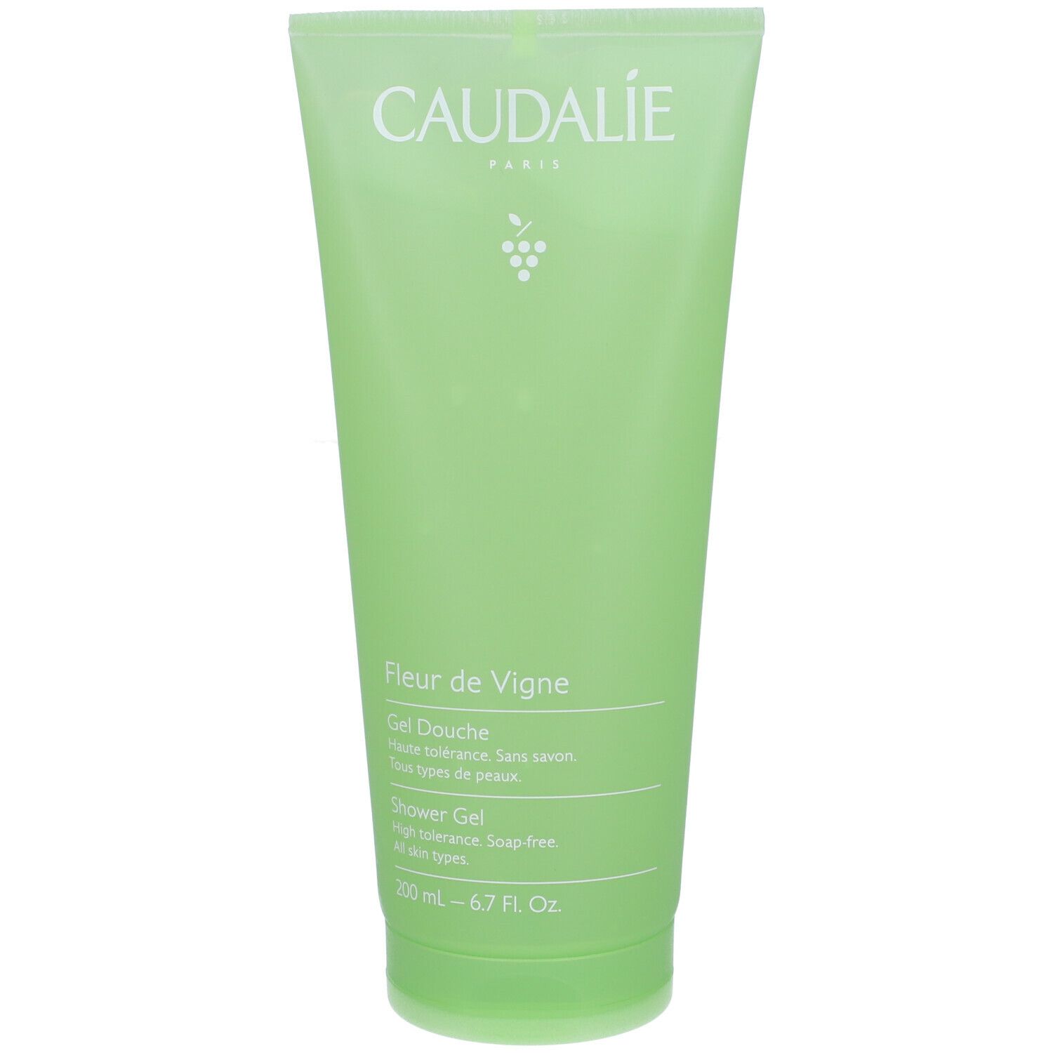 Grüne Tube mit Caudalie, Fleur de Vigne, Gel Douche, Shower Gel. 200 ml. Transparentes Produkt.