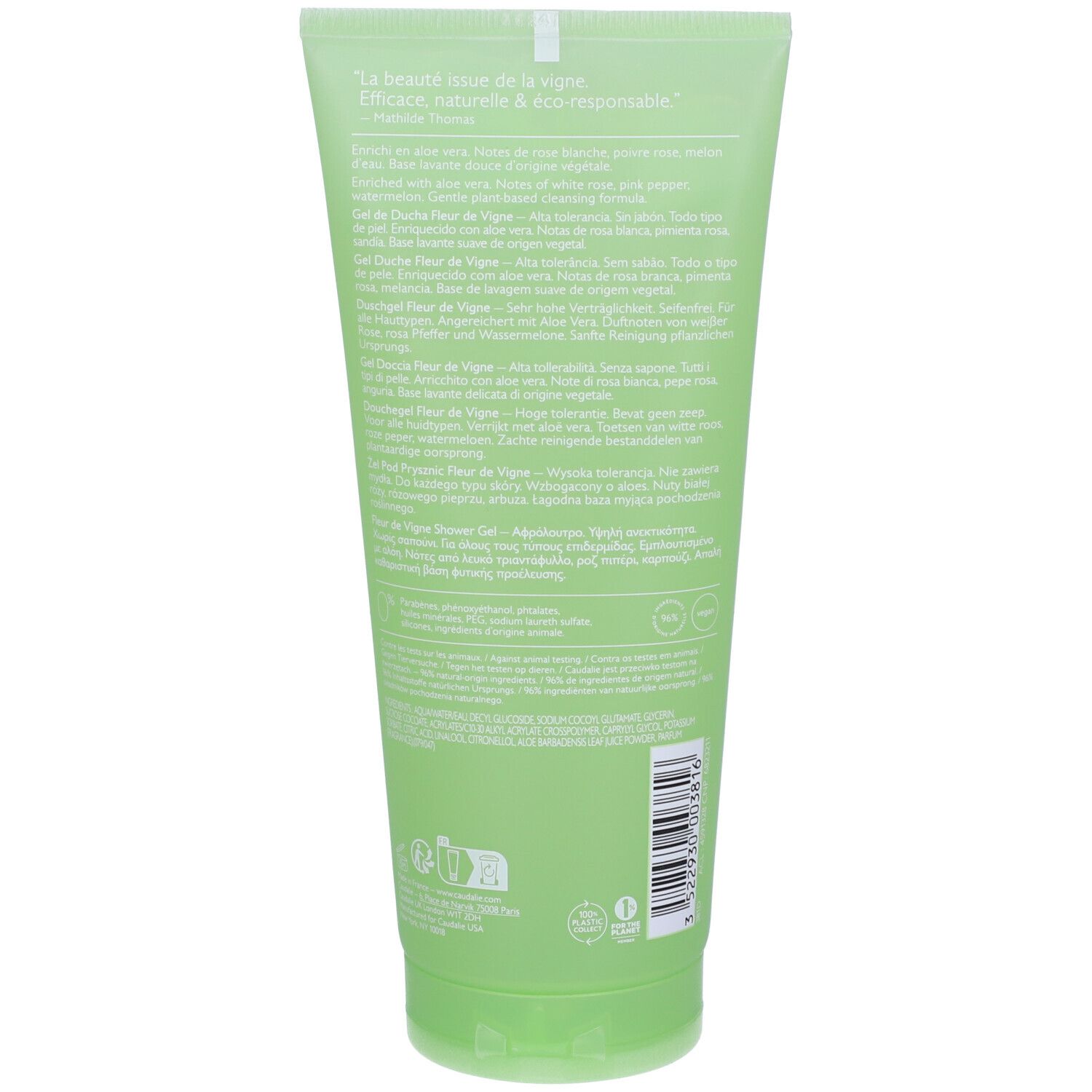 Rückseite einer grünen Tube. Text in mehreren Sprachen. Produktname: Fleur de Vigne. Barcode.