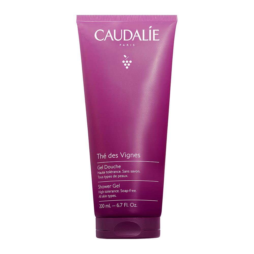 Lila Caudalie Duschgel-Tube mit 200 ml Inhalt. Beschriftung: Thé des Vignes, Shower Gel, High tolerance, Soap-free.