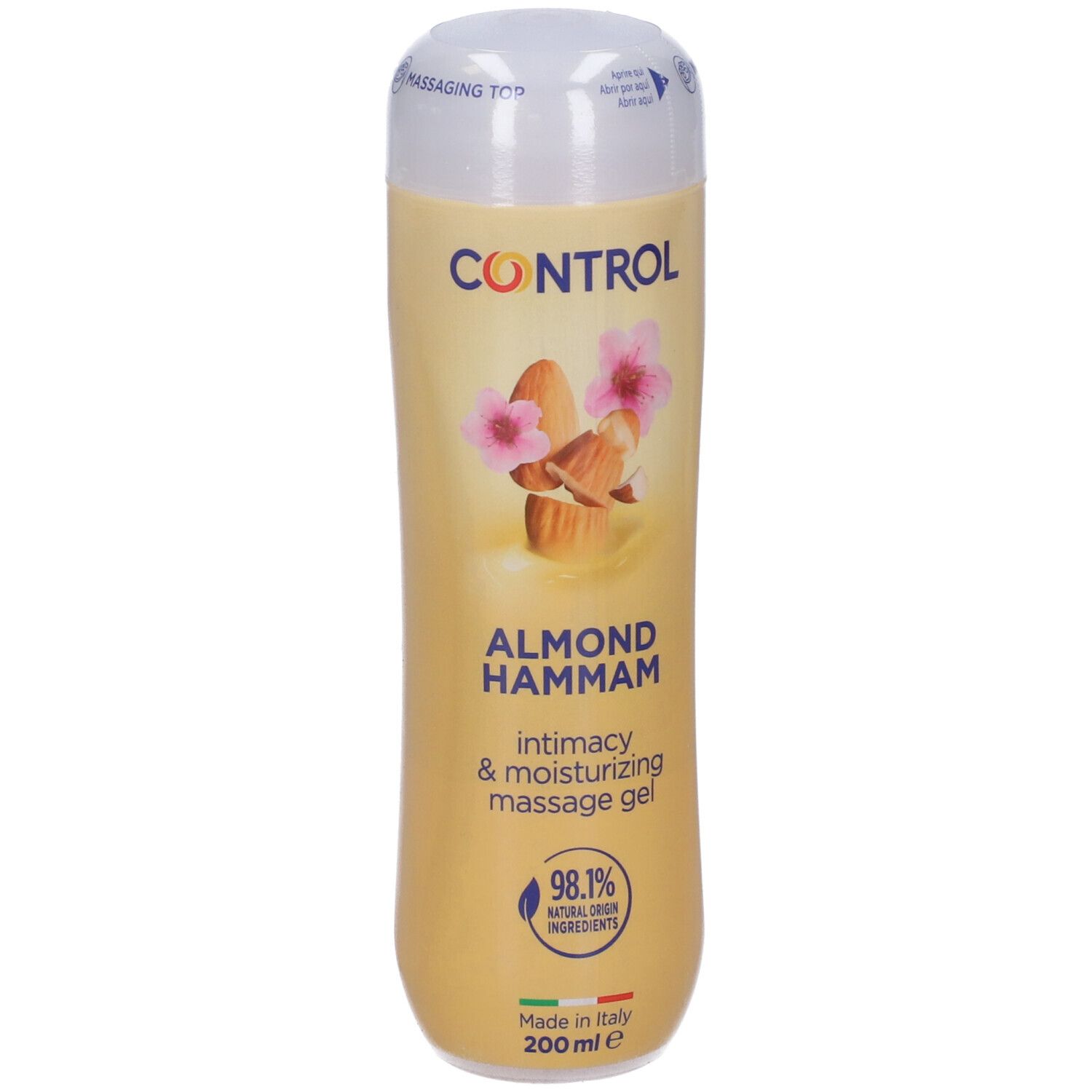 Control Almond Hammam Massagegel, 200 ml, mit Mandeln und Blumen.