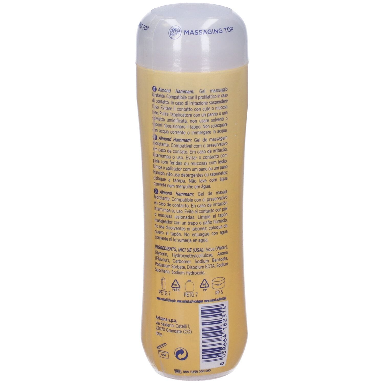 Gel-Flasche mit weißem Aufsatz und Etikett, das Inhaltsstoffe und Anweisungen auflistet.