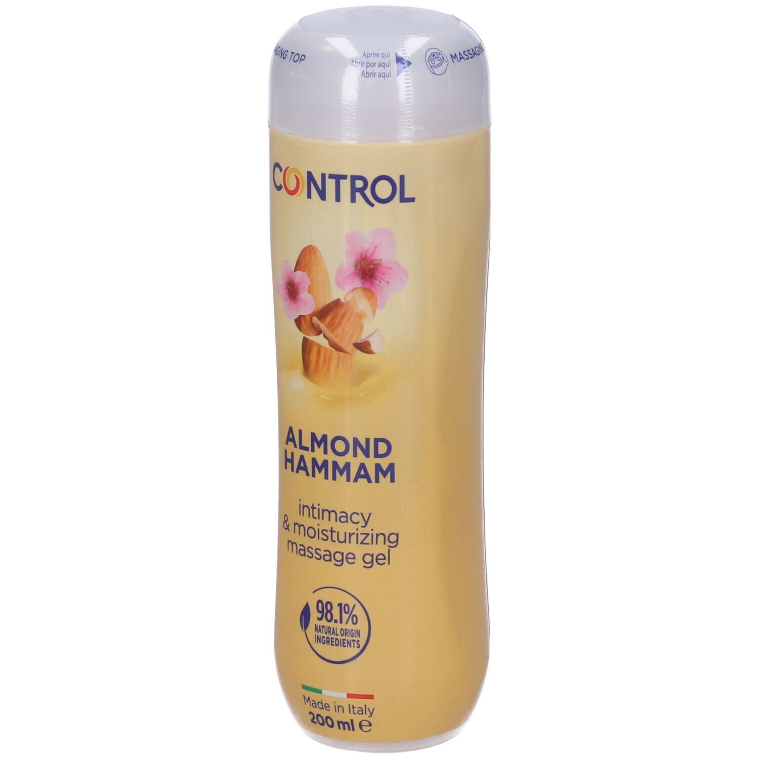 Control Almond Hammam Massagegel in einer hellbeigen Flasche mit Mandeln und rosa Blüten.