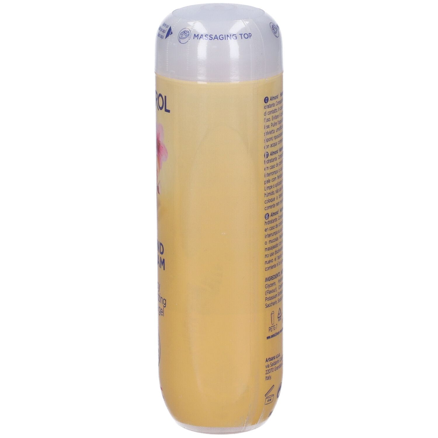 Gelbe Flasche mit Massagieraufsatz und Aufschrift 'MASSAGING TOP'.