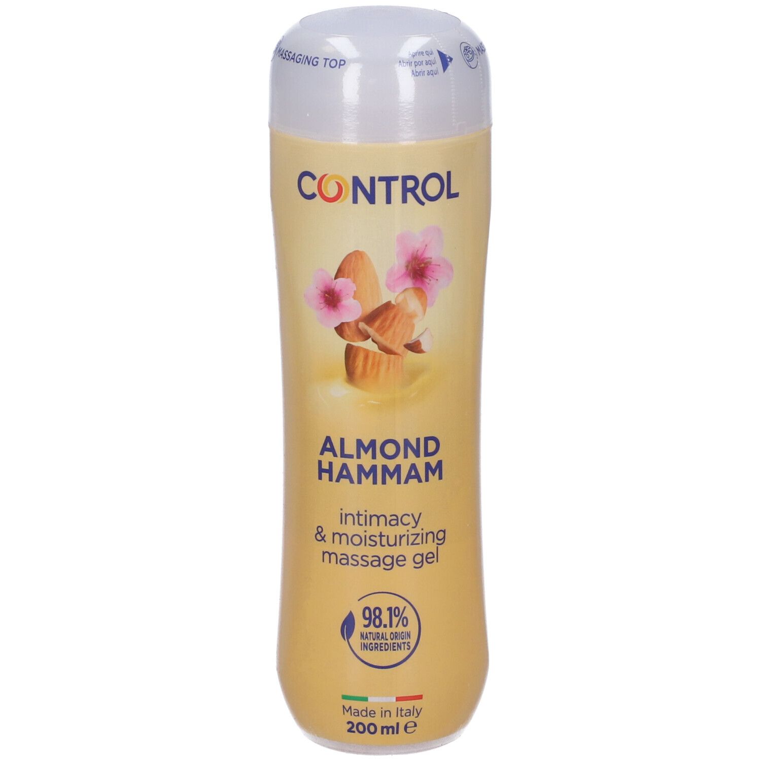 Control Almond Hammam Massagegel, 200 ml Flasche mit Mandeln und rosa Blüten.