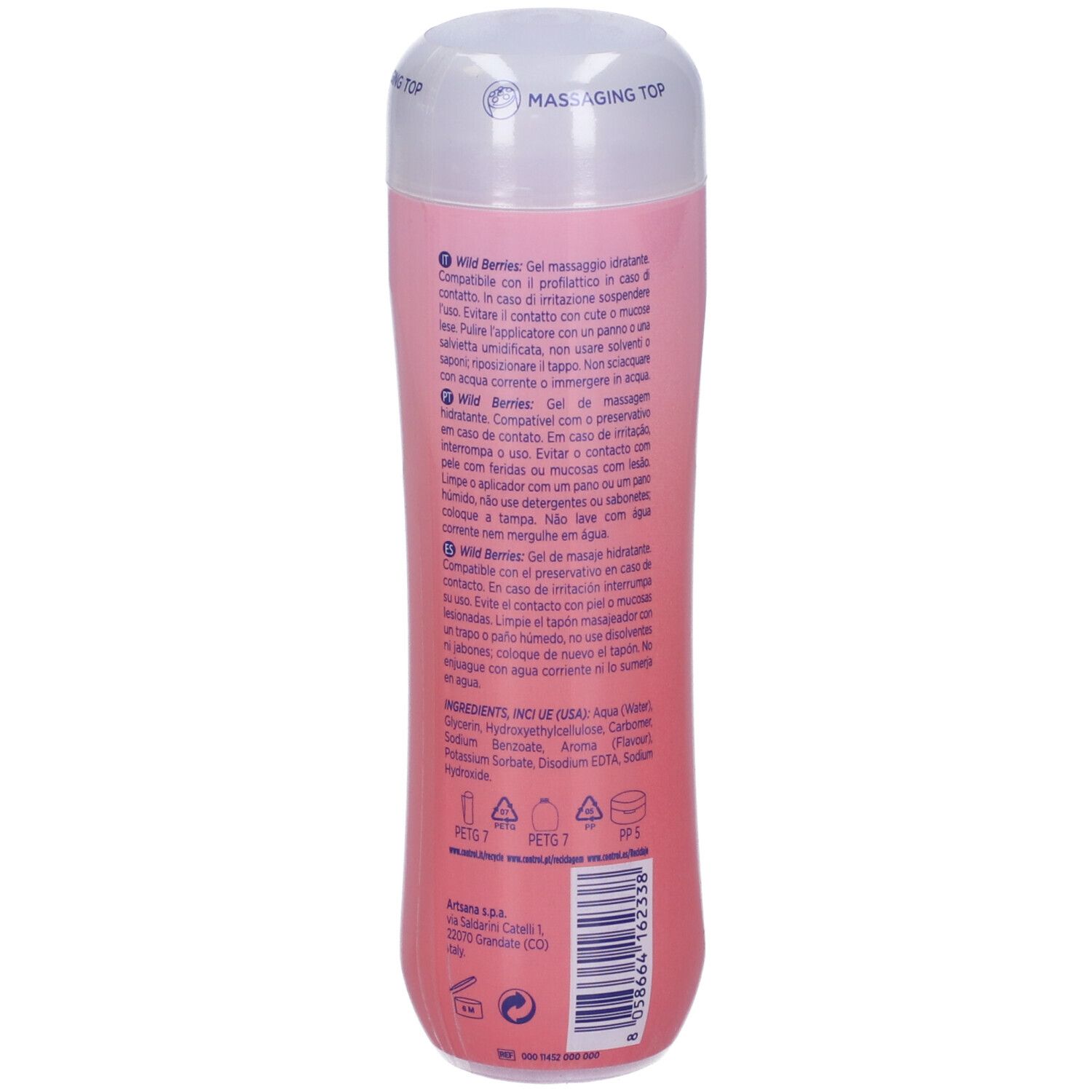 Rückseite der Control Massagegel Wild Berries 200ml Flasche mit Anwendungshinweisen.