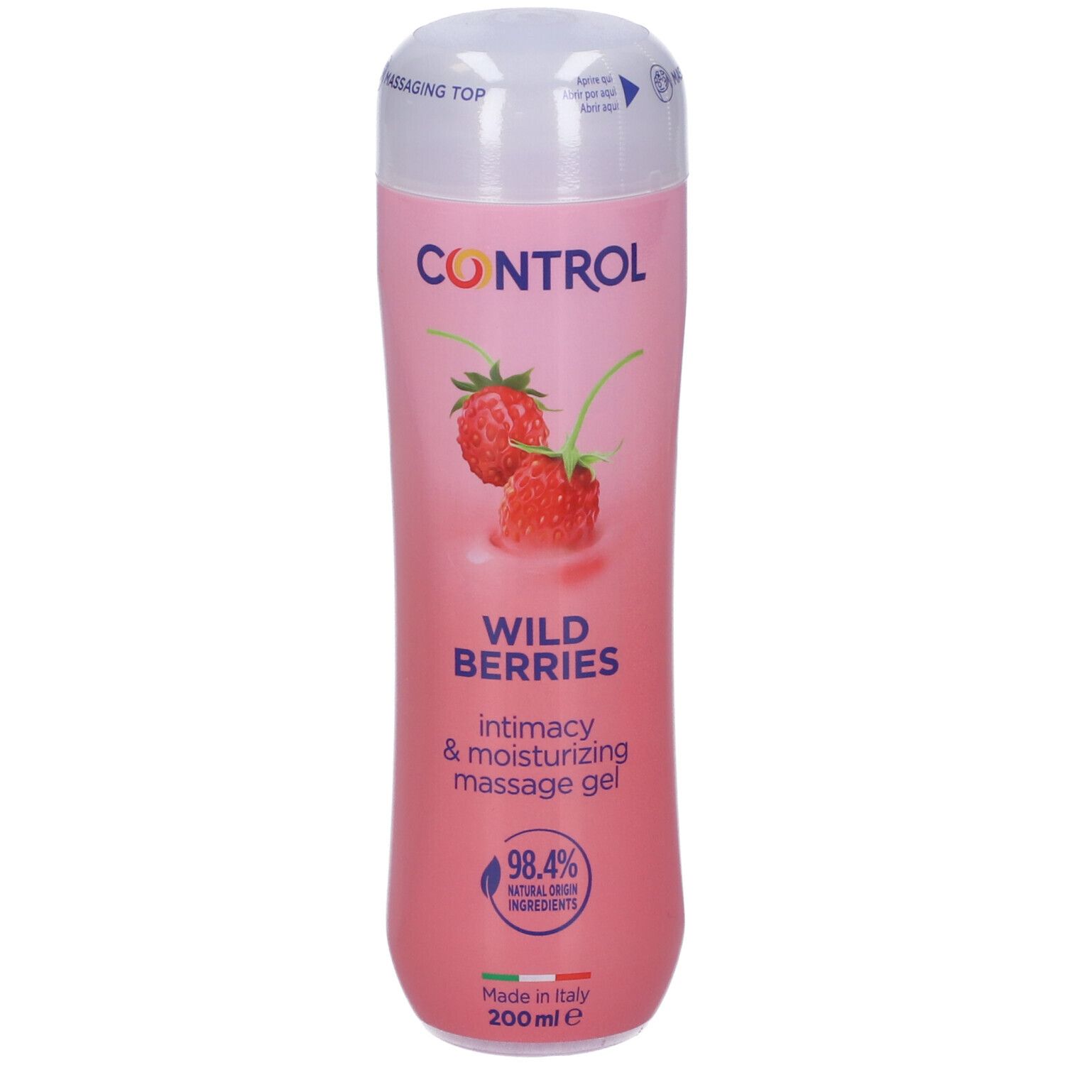 Control Massagegel Wild Berries, 200ml Flasche mit Erdbeer-Motiv.