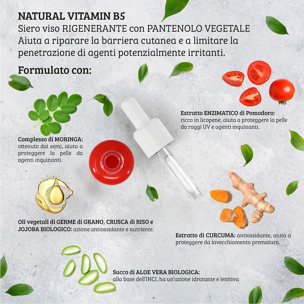 Zutaten des Gesichtsserums: Aloe Vera, Tomatenextrakt, Moringa, Kurkuma, Weizenkeim-, Reis- und Jojobaöl.