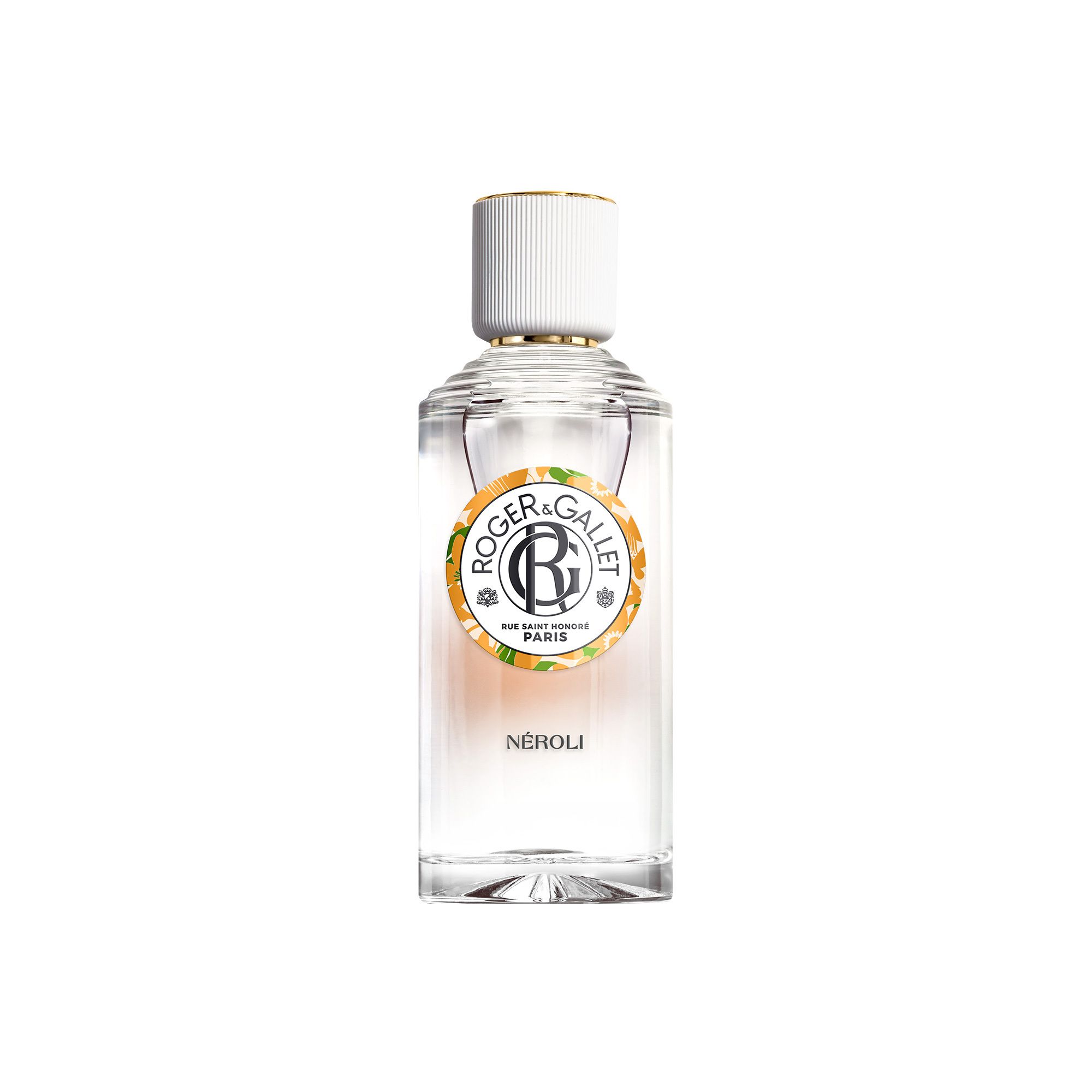 Roger & Gallet Nèroli Eau de Parfum in klarer Glasflasche mit weißem Verschluss und goldener Zierleiste. Etikett mit Logo und "Nèroli".