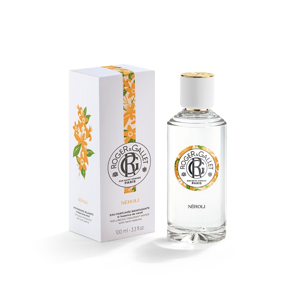 Roger & Gallet Neroli Eau Parfumée Bienfaisante 100ml Flasche und Schachtel mit Orangenblüten-Design.