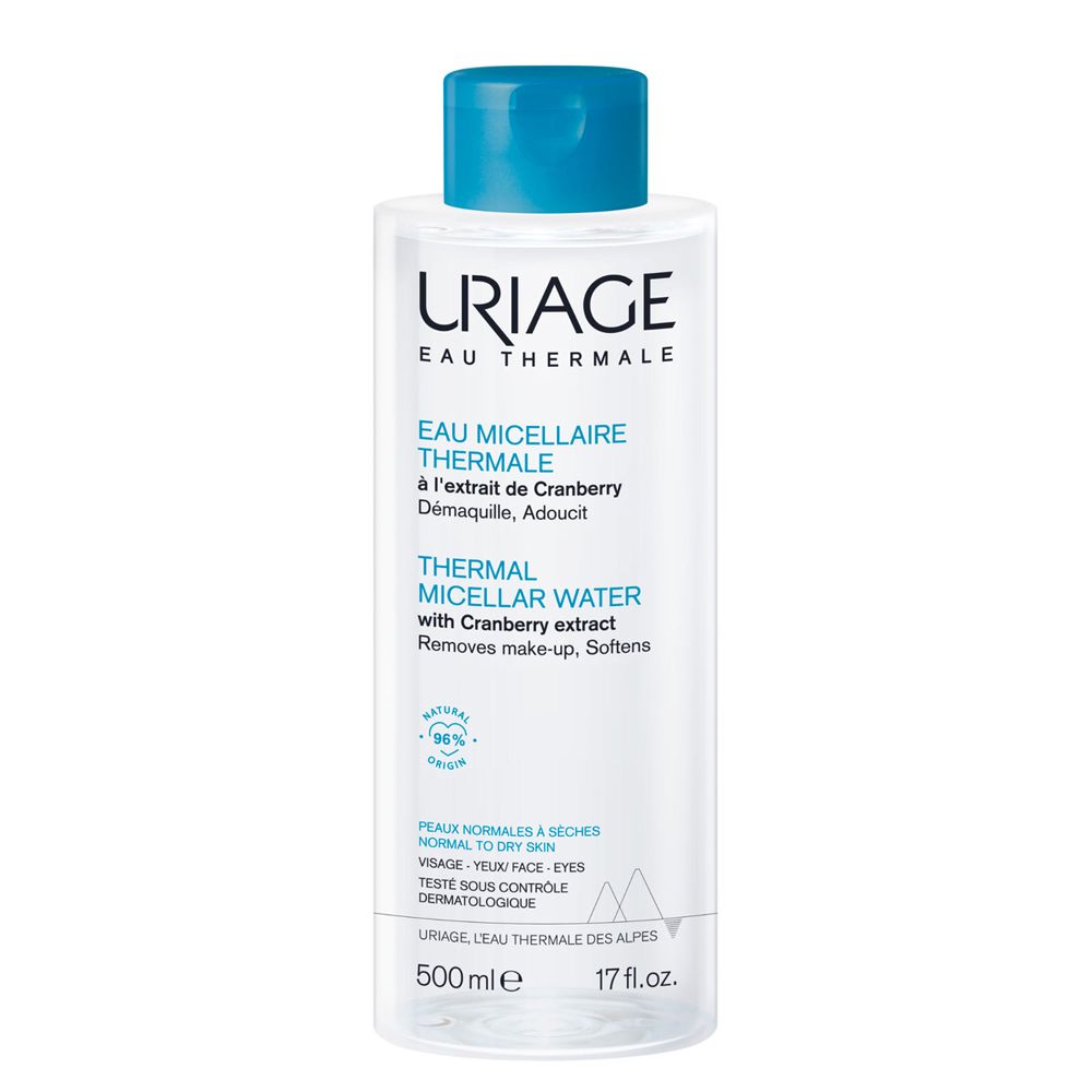Uriage Thermal Micellar Water mit Cranberry-Extrakt, 500 ml Flasche.