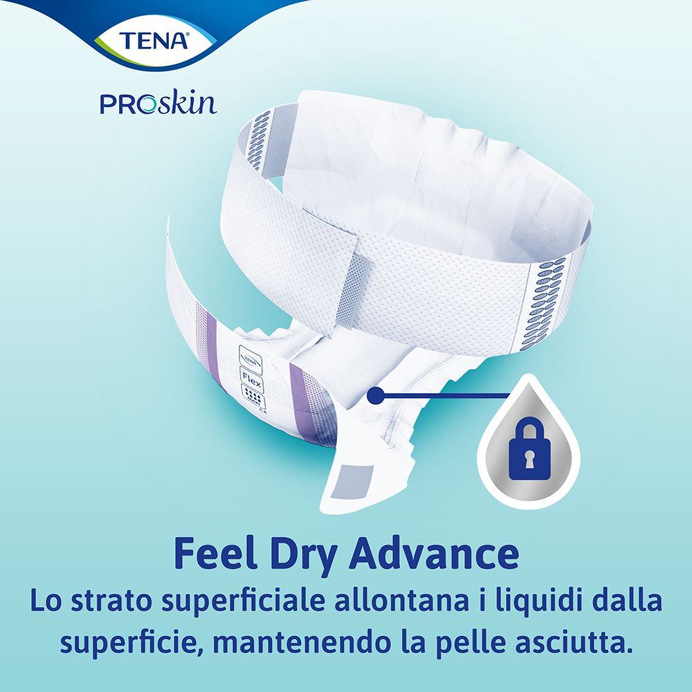 TENA Flex mit FeelDry Advance. Die Oberfläche leitet Flüssigkeiten ab. Text in italienischer Sprache.