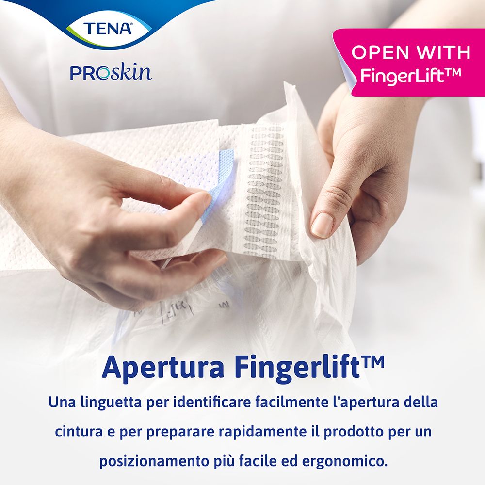 TENA Flex mit FingerLift-Öffnung. Text in italienischer Sprache.