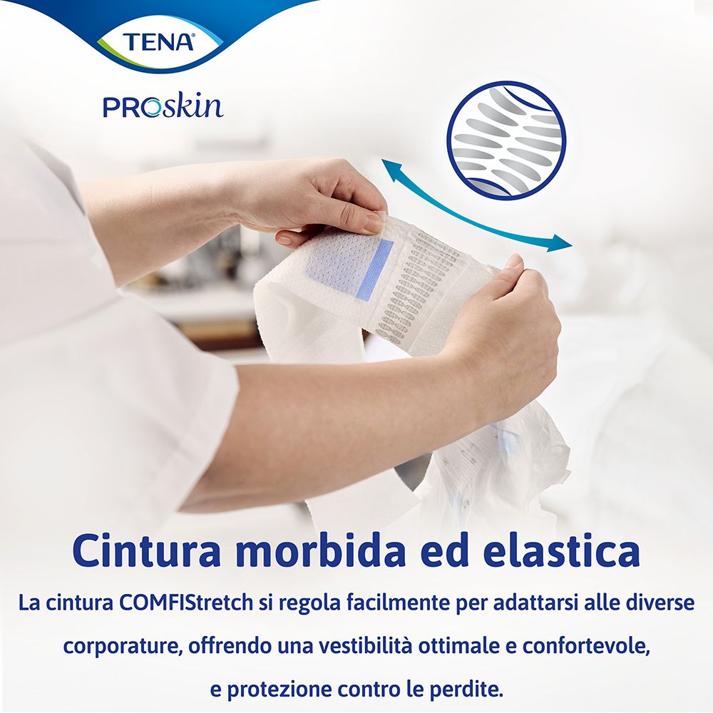 TENA Flex mit COMFIStretch-Bund. Text in italienischer Sprache.