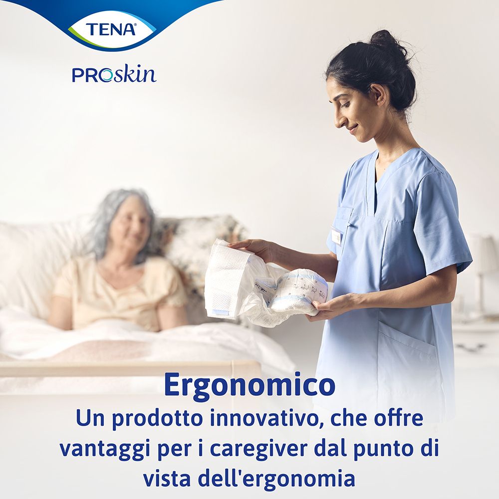 TENA Flex. Ergonomisches Design. Text in italienischer Sprache.
