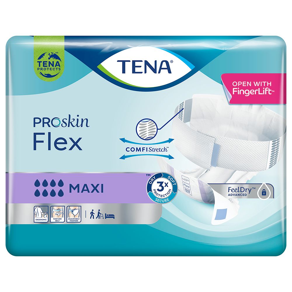 TENA ProSkin Flex Maxi Verpackung. Blaue Verpackung mit Produktinformationen und Logos. Zeigt das Produkt und seine Eigenschaften.