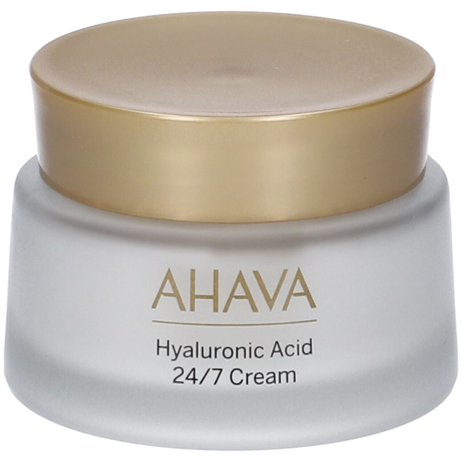 Creme-Tiegel mit goldfarbenem Deckel. Auf dem Tiegel steht AHAVA, Hyaluronic Acid 24/7 Cream.