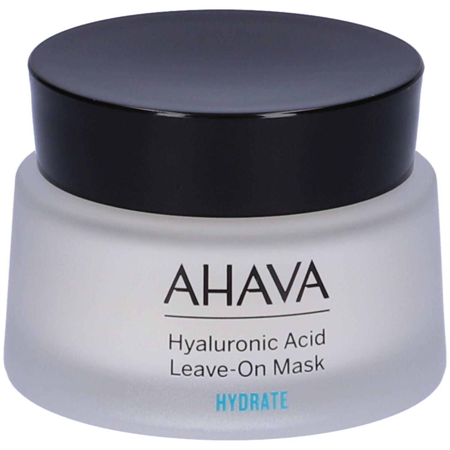 AHAVA Hyaluronsäure Leave-On Maske. Weißes Glas mit schwarzem Deckel. Produktname und Marke sind deutlich sichtbar.