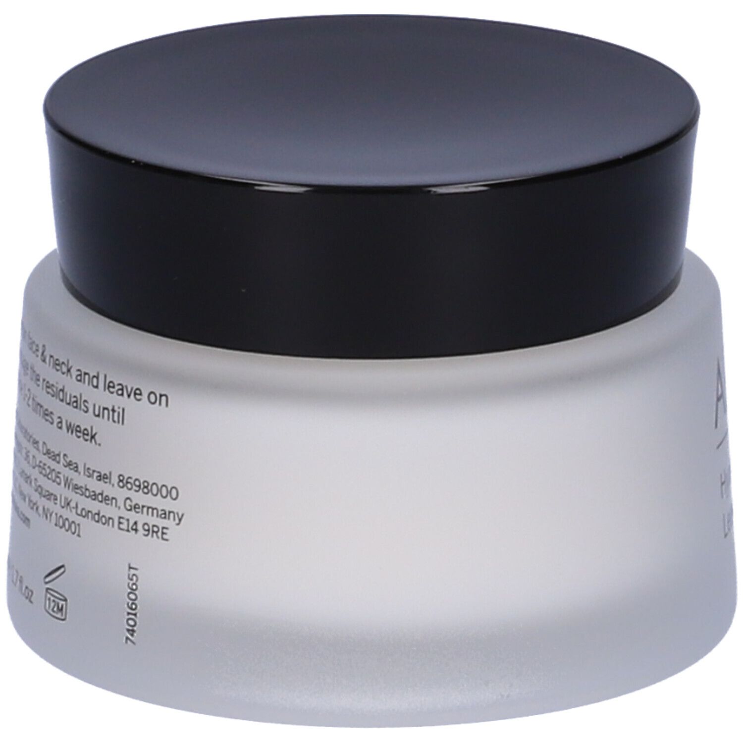 AHAVA Hyaluronsäure Leave-On Maske. Rückseite des weißen Glases mit Text. Schwarzer Deckel. Produktinformationen.