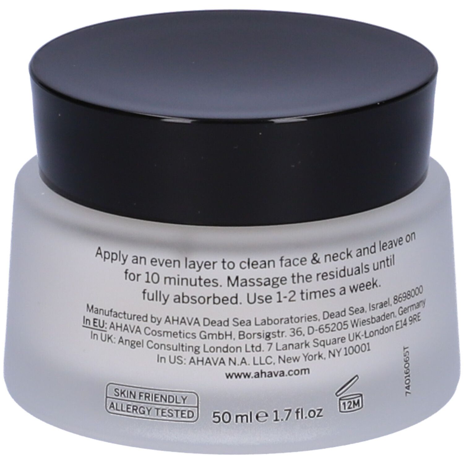 AHAVA Hyaluronsäure Leave-On Maske. Rückseite des weißen Glases mit Text. Schwarzer Deckel. Produktinformationen.