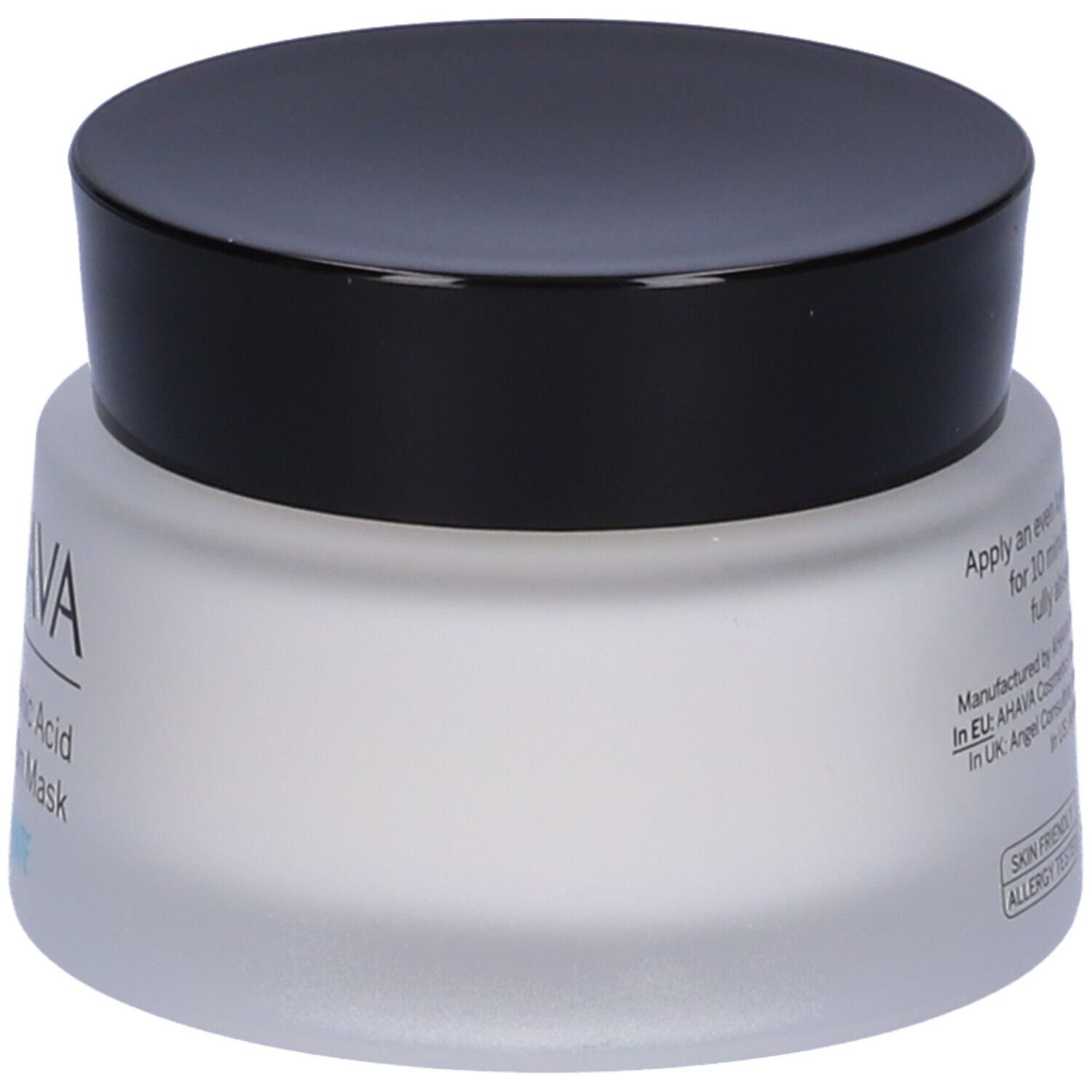 AHAVA Hyaluronsäure Leave-On Maske. Weißes Glas mit schwarzem Deckel. Produktname und Marke sind deutlich sichtbar.