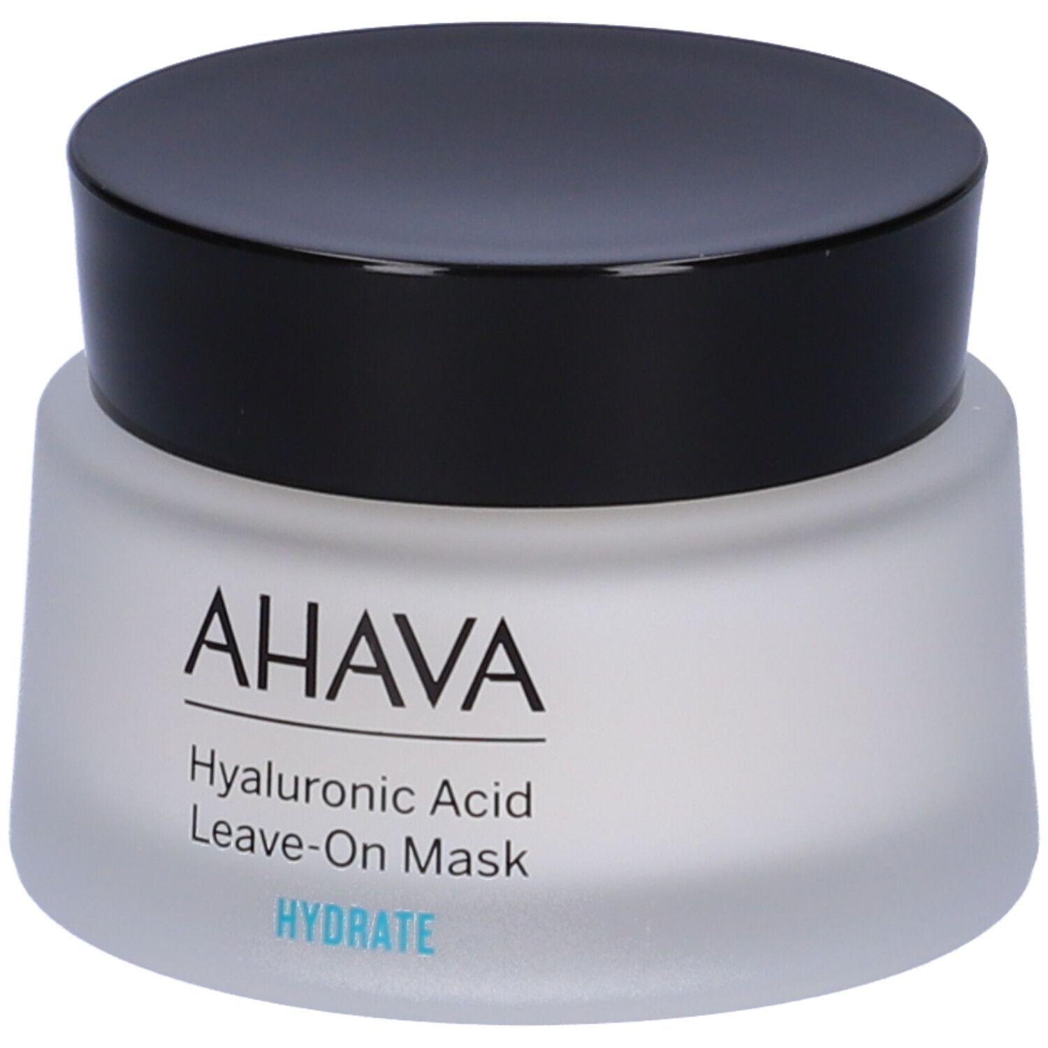 AHAVA Hyaluronsäure Leave-On Maske. Weißes Glas mit schwarzem Deckel. Produktname und Marke sind deutlich sichtbar.