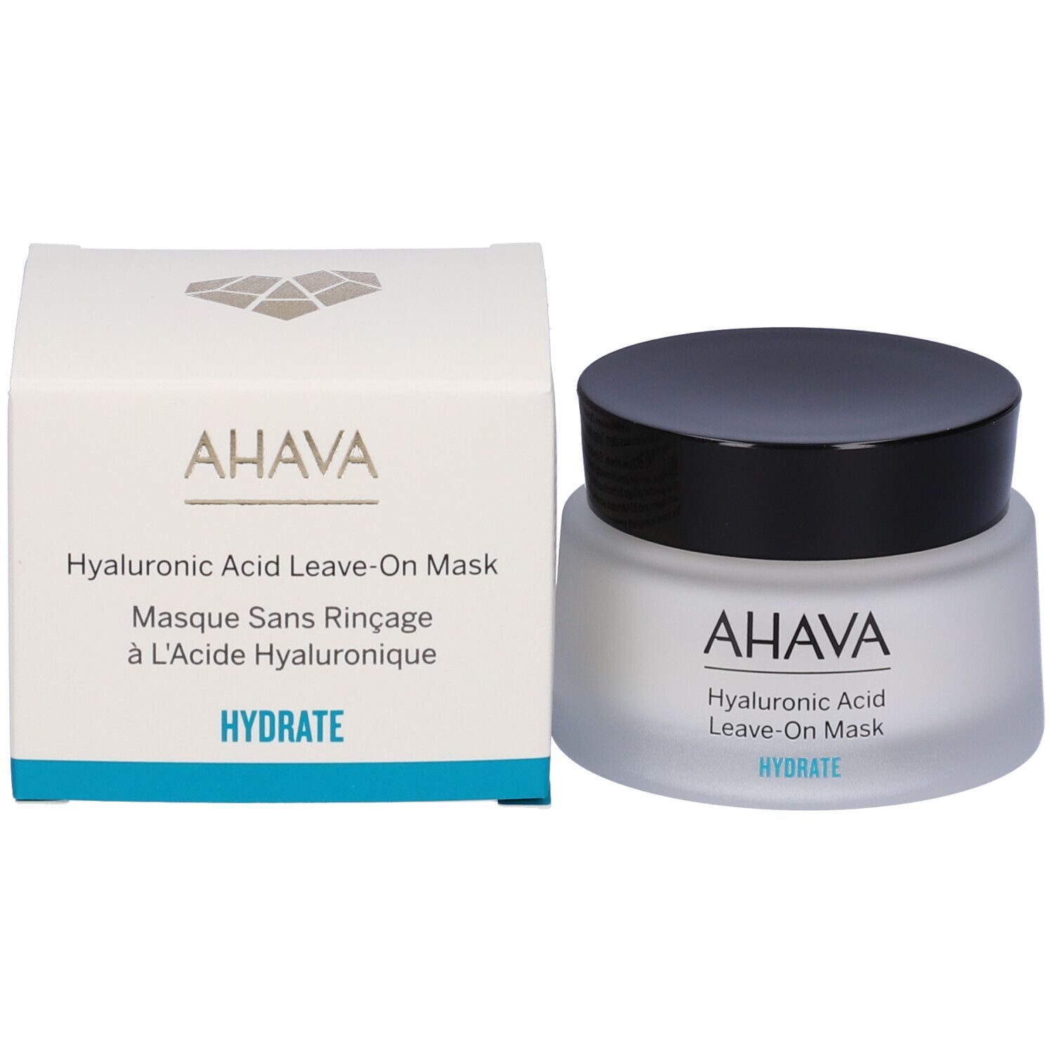 AHAVA Hyaluronsäure Leave-On Maske und Verpackung. Weißer Karton mit Produktnamen und Marke. Maske daneben.