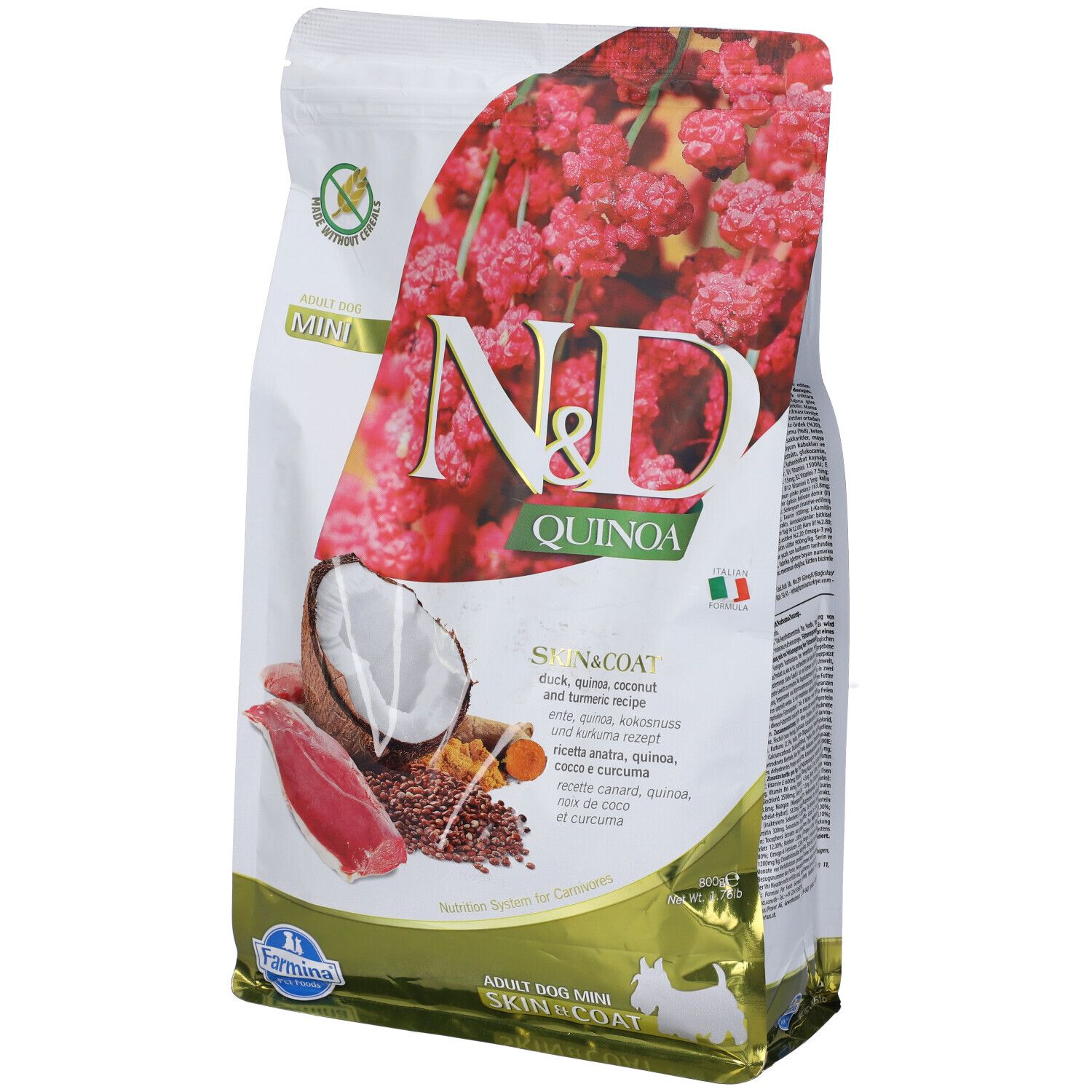 Beutel Trockenfutter. N&D Quinoa, Ente, Skin & Coat. Mini-Format. Abbildung von Zutaten: Ente, Kokosnuss, Quinoa, Kurkuma.