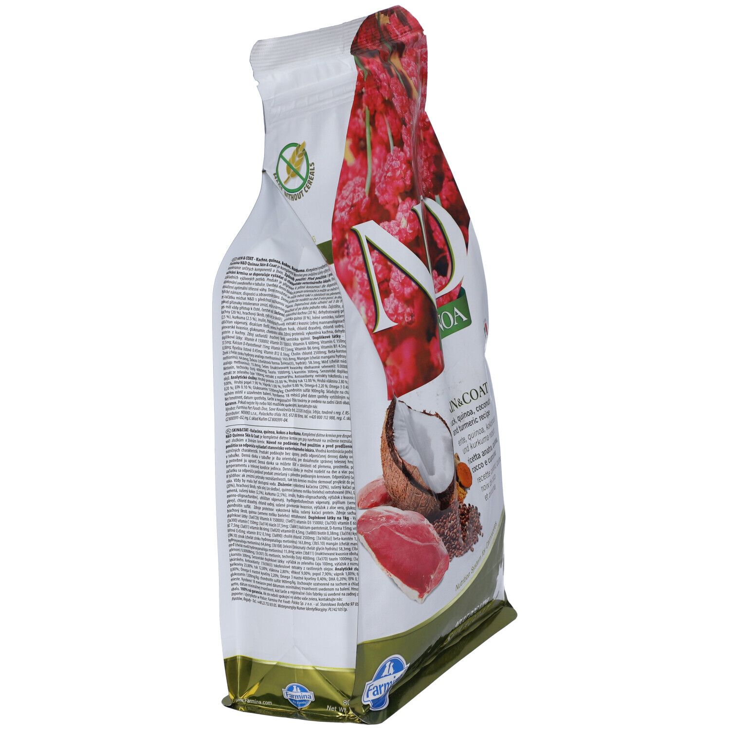 Trockenfutter-Beutel, Seitenansicht. N&D Quinoa, Ente, Skin & Coat. Text und Abbildungen von Zutaten: Ente, Kokosnuss, Quinoa, Kurkuma.