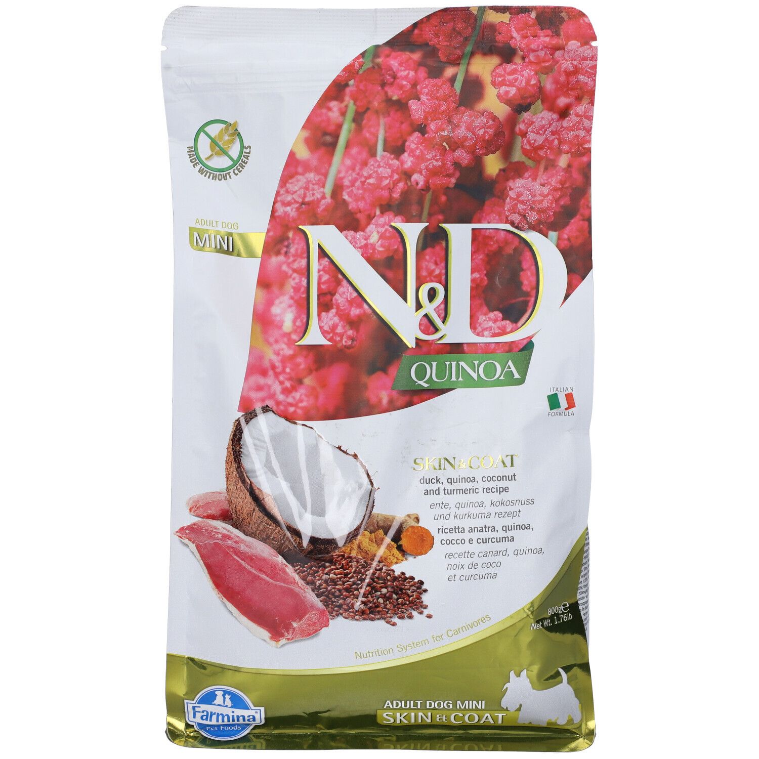 Trockenfutter-Beutel. N&D Quinoa, Ente, Skin & Coat. Mini-Format. Abbildung von Zutaten: Ente, Kokosnuss, Quinoa, Kurkuma. Italienische Flagge.