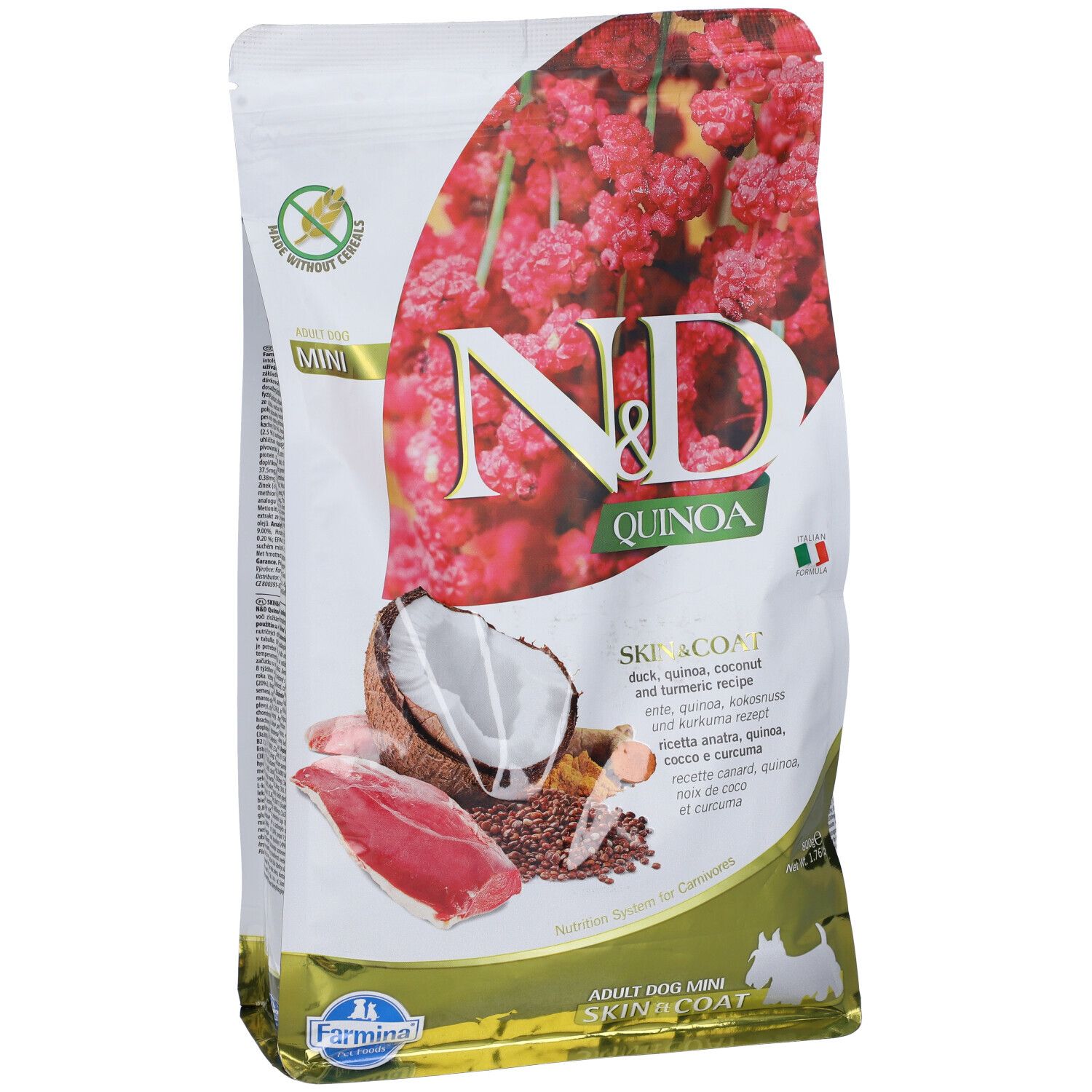 Trockenfutter-Beutel. N&D Quinoa, Ente, Skin & Coat. Mini-Format. Abbildung von Zutaten: Ente, Kokosnuss, Quinoa, Kurkuma.