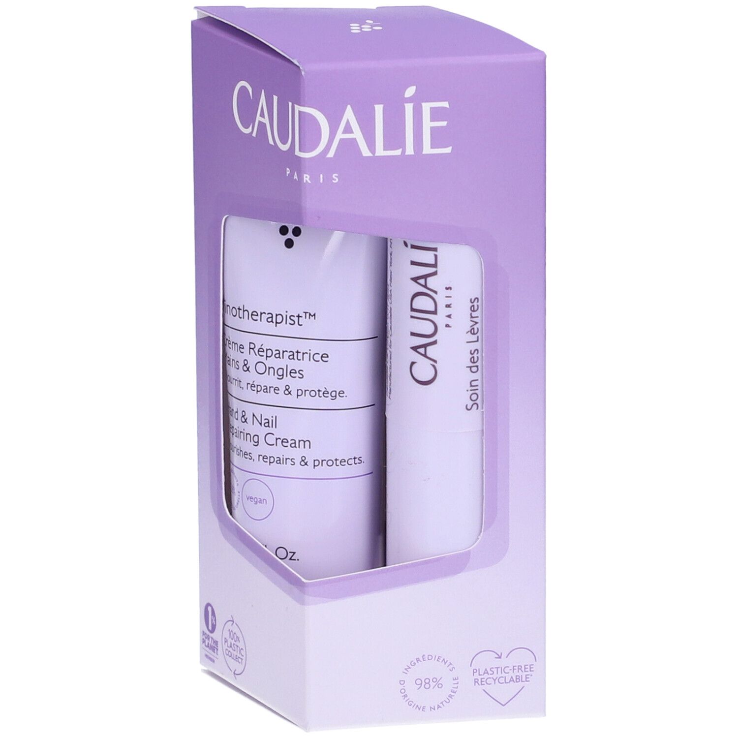 Caudalie-Geschenkset mit Hand- und Nagelcreme und Lippenbalsam. Verpackung in Lila mit Produktnamen und Logos.