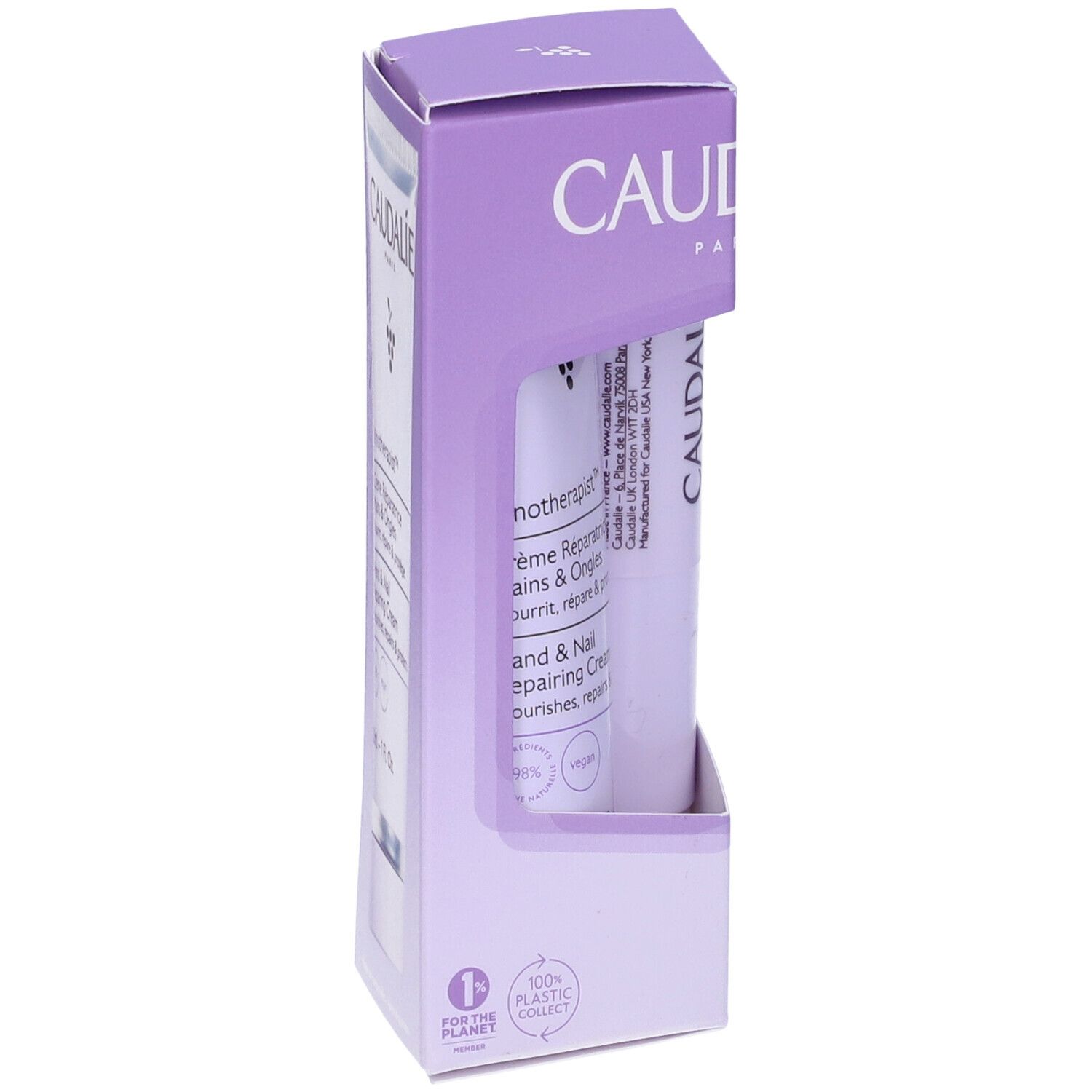 Caudalie-Geschenkset, Seitenansicht. Lila Verpackung mit Hand- und Nagelcreme und Lippenbalsam. Logos und Text.
